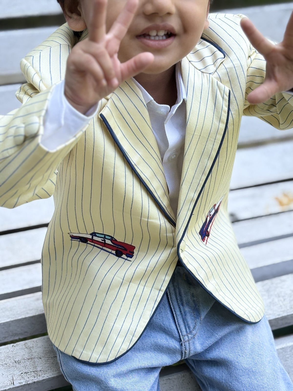 FunnyBones Butter Pinstripe Blazer with Car Patches – butter yellow pinstripe blazer with car patches, view 4