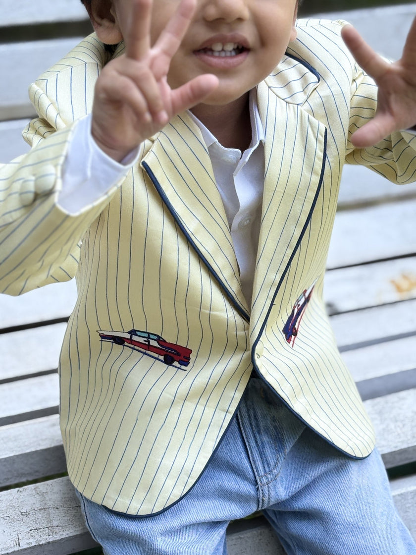 FunnyBones Butter Pinstripe Blazer with Car Patches – butter yellow pinstripe blazer with car patches, view 4
