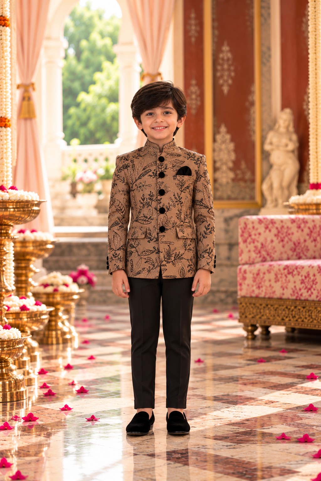 Boy in the camel brown jodhpuri variant with black floral embroidery, flap pockets and black pocket square, worn with black pants