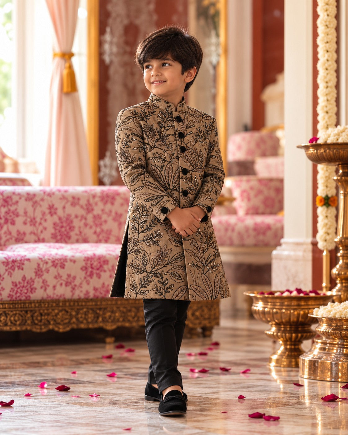 Boy with hands clasped wearing the camel brown achkan with all-over black botanical embroidery and band collar