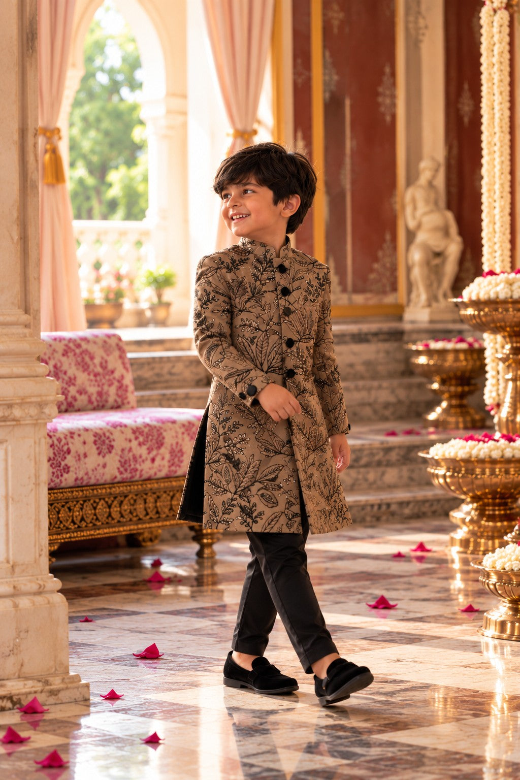 Boy smiling over his shoulder in the knee-length camel brown floral embroidered achkan set
