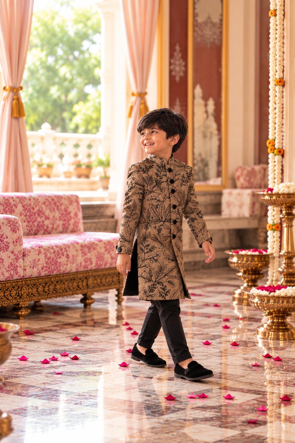 Boy strolling through a heritage hall in the camel brown embroidered achkan and black suiting pants