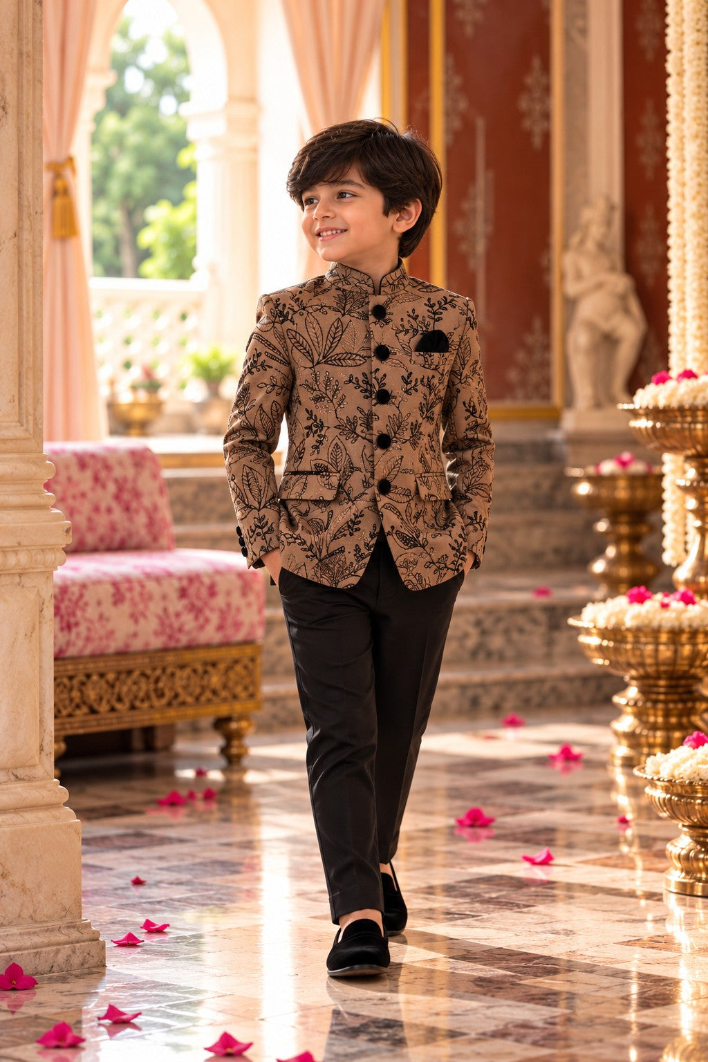 Boy walking with hand in pocket in the camel brown embroidered jodhpuri and black pants