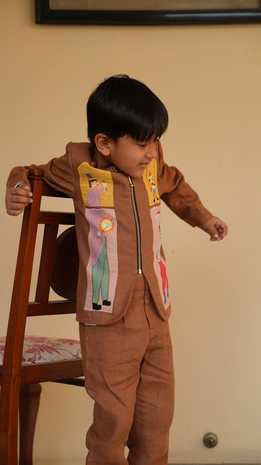 FunnyBones Circus Appliqué Zip Jacket – brown linen zip jacket with circus applique panels, view 2