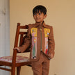 FunnyBones Circus Appliqué Zip Jacket – brown linen zip jacket with circus applique panels, view 3