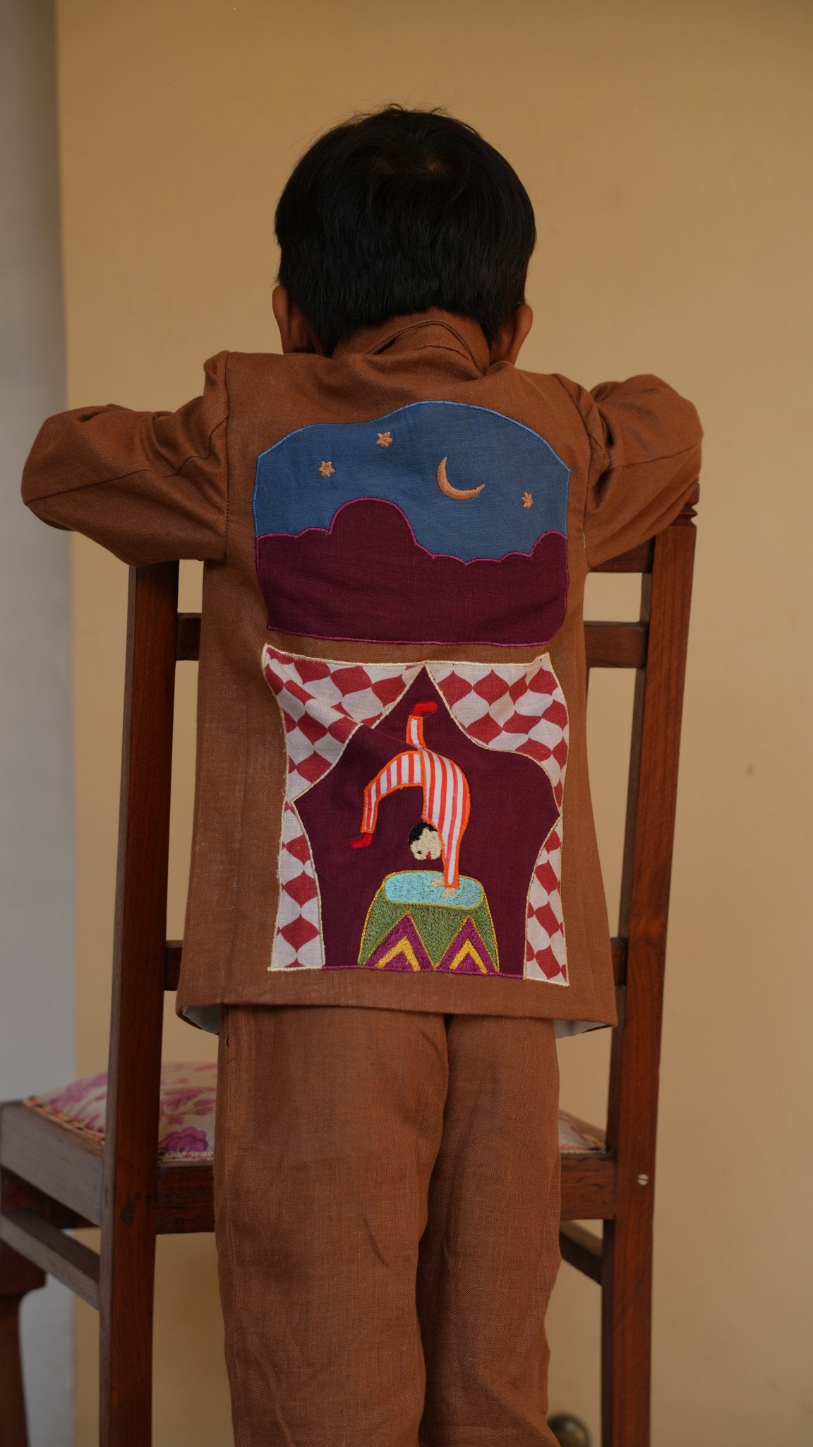 FunnyBones Circus Appliqué Zip Jacket – brown linen zip jacket with circus applique panels, view 4