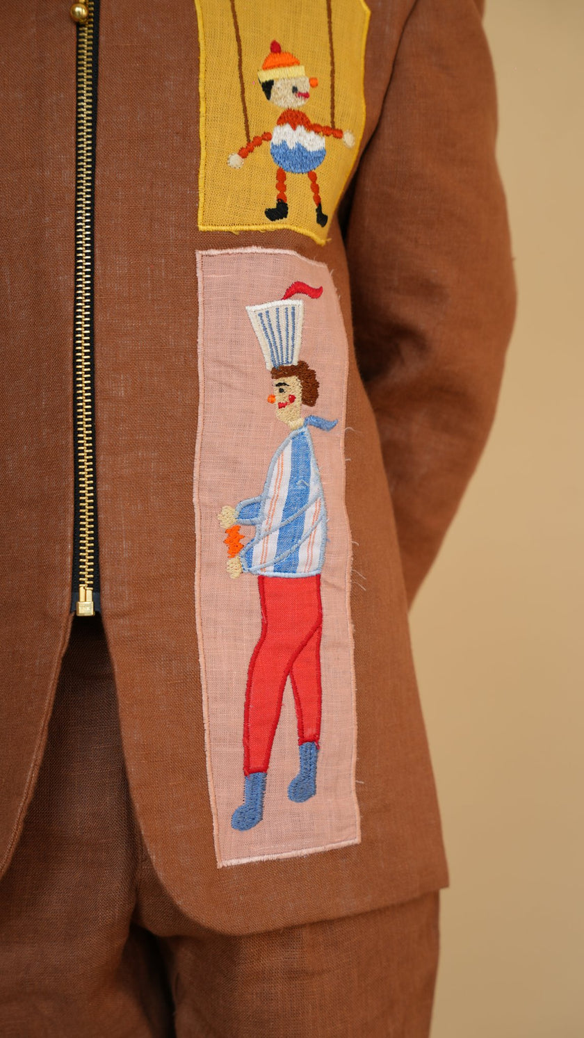 FunnyBones Circus Appliqué Zip Jacket – brown linen zip jacket with circus applique panels, view 5
