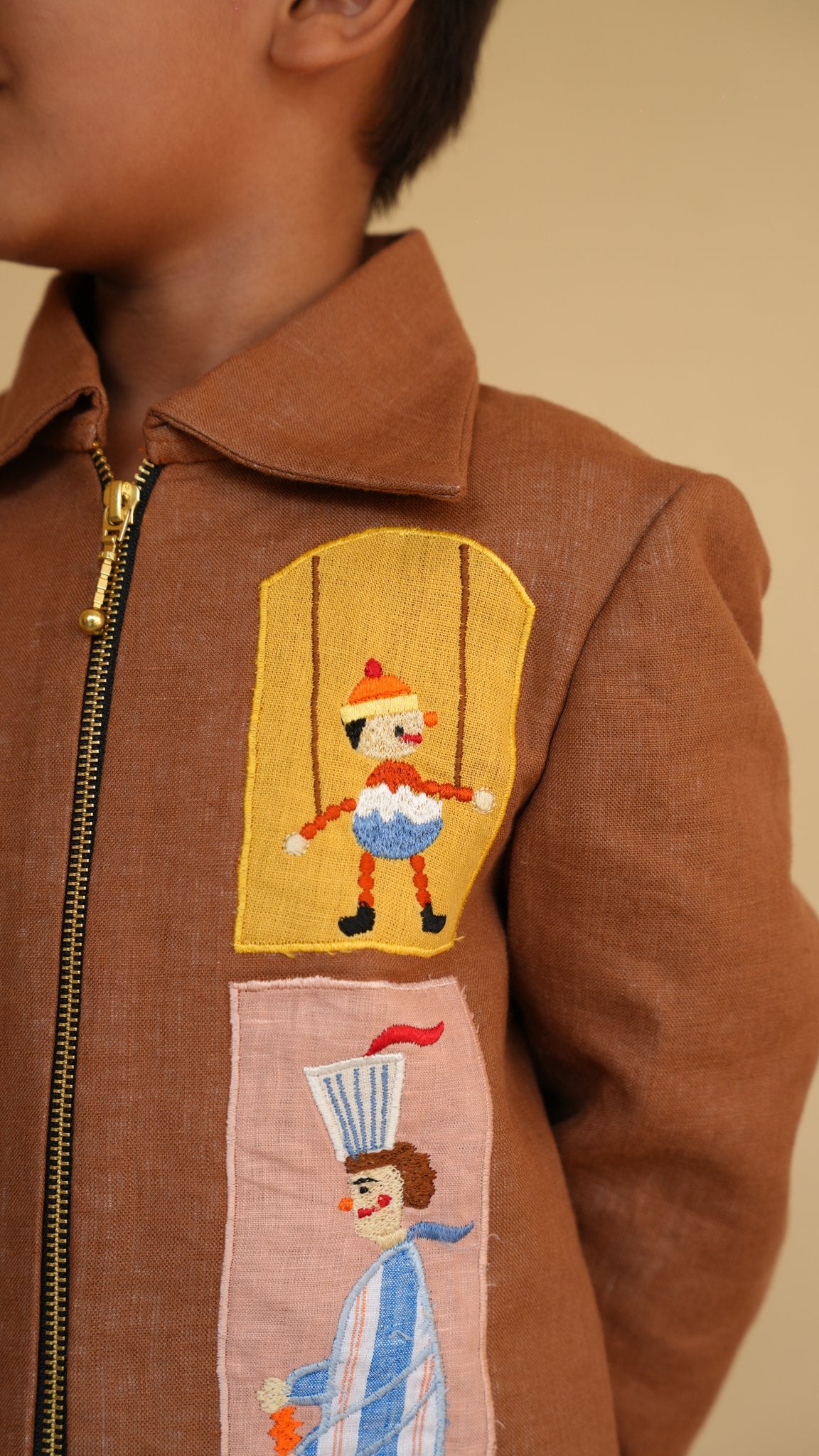 FunnyBones Circus Appliqué Zip Jacket – brown linen zip jacket with circus applique panels, view 6