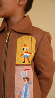 FunnyBones Circus Appliqué Zip Jacket – brown linen zip jacket with circus applique panels, view 6