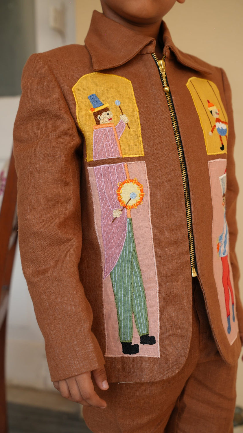 FunnyBones Circus Appliqué Zip Jacket – brown linen zip jacket with circus applique panels, view 8