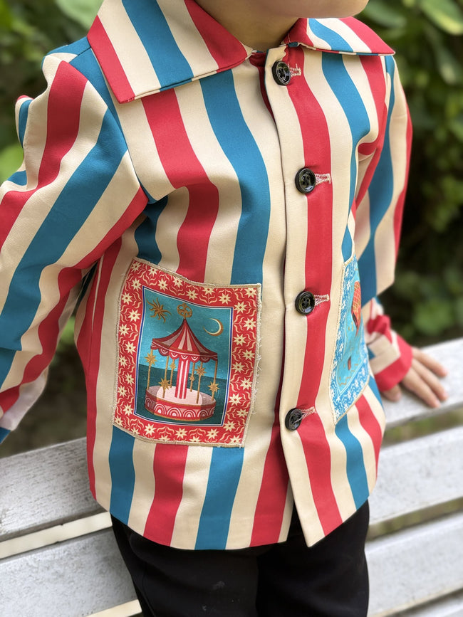 FunnyBones Circus Stripe Shirt Jacket – red, blue and cream striped shacket with circus patches, view 9
