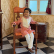 FunnyBones Coral Kurta with Mirror-Work Yoke – coral linen kurta with ivory mirror-work yoke, view 2
