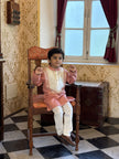 FunnyBones Coral Kurta with Mirror-Work Yoke – coral linen kurta with ivory mirror-work yoke, view 3