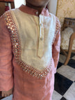 FunnyBones Coral Kurta with Mirror-Work Yoke – coral linen kurta with ivory mirror-work yoke, view 4