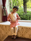 FunnyBones Coral Kurta with Mirror-Work Yoke – coral linen kurta with ivory mirror-work yoke, view 5
