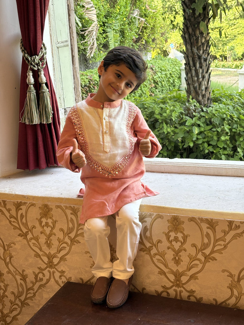 FunnyBones Coral Kurta with Mirror-Work Yoke – coral linen kurta with ivory mirror-work yoke, view 5