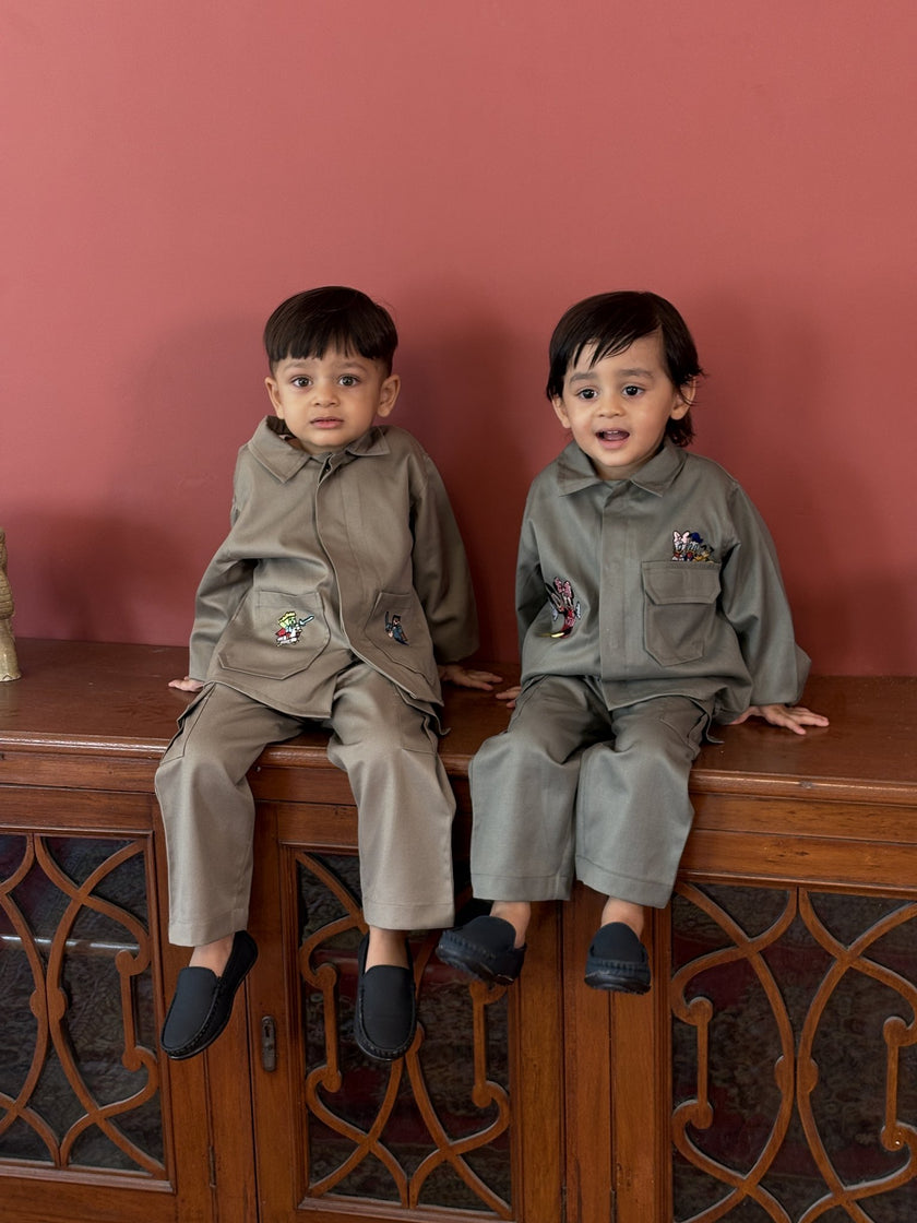 FunnyBones Disney Themed Baggy Shacket & Cargo Set – olive baggy shacket and cargo set with cartoon patches, view 2