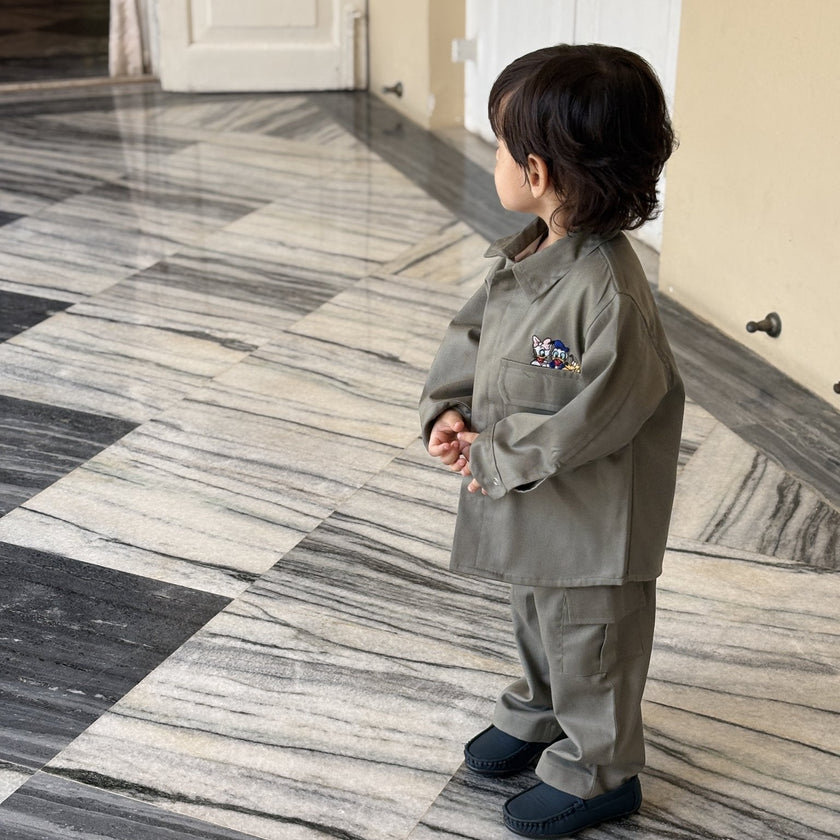 FunnyBones Disney Themed Baggy Shacket & Cargo Set – olive baggy shacket and cargo set with cartoon patches, view 4