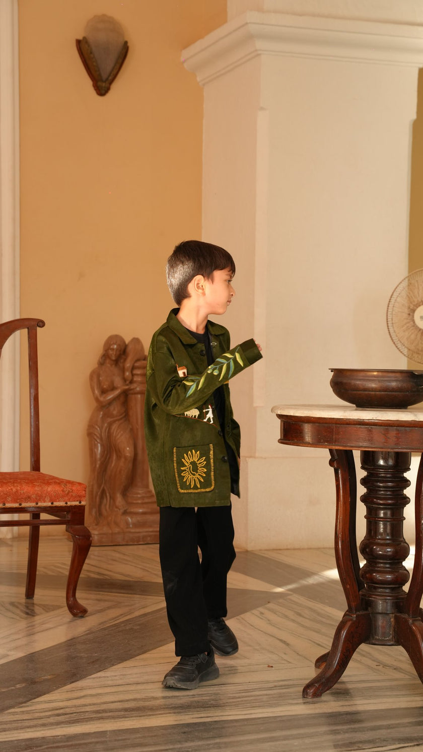 FunnyBones Farm & Paradise Appliqué Jacket – olive suede-look jacket with farm scene applique, view 2