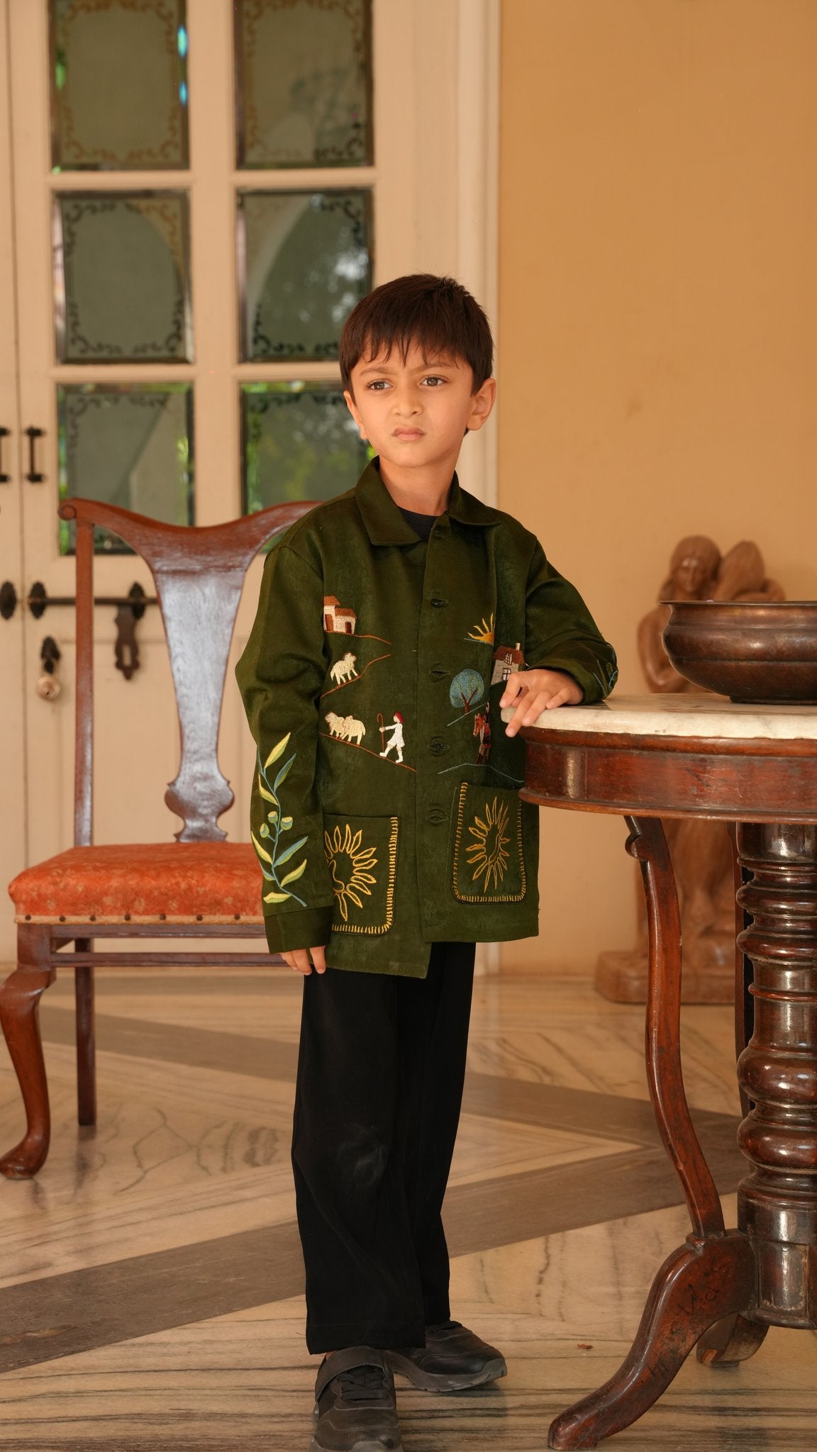 FunnyBones Farm & Paradise Appliqué Jacket – olive suede-look jacket with farm scene applique, view 3