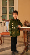 FunnyBones Farm & Paradise Appliqué Jacket – olive suede-look jacket with farm scene applique, view 3