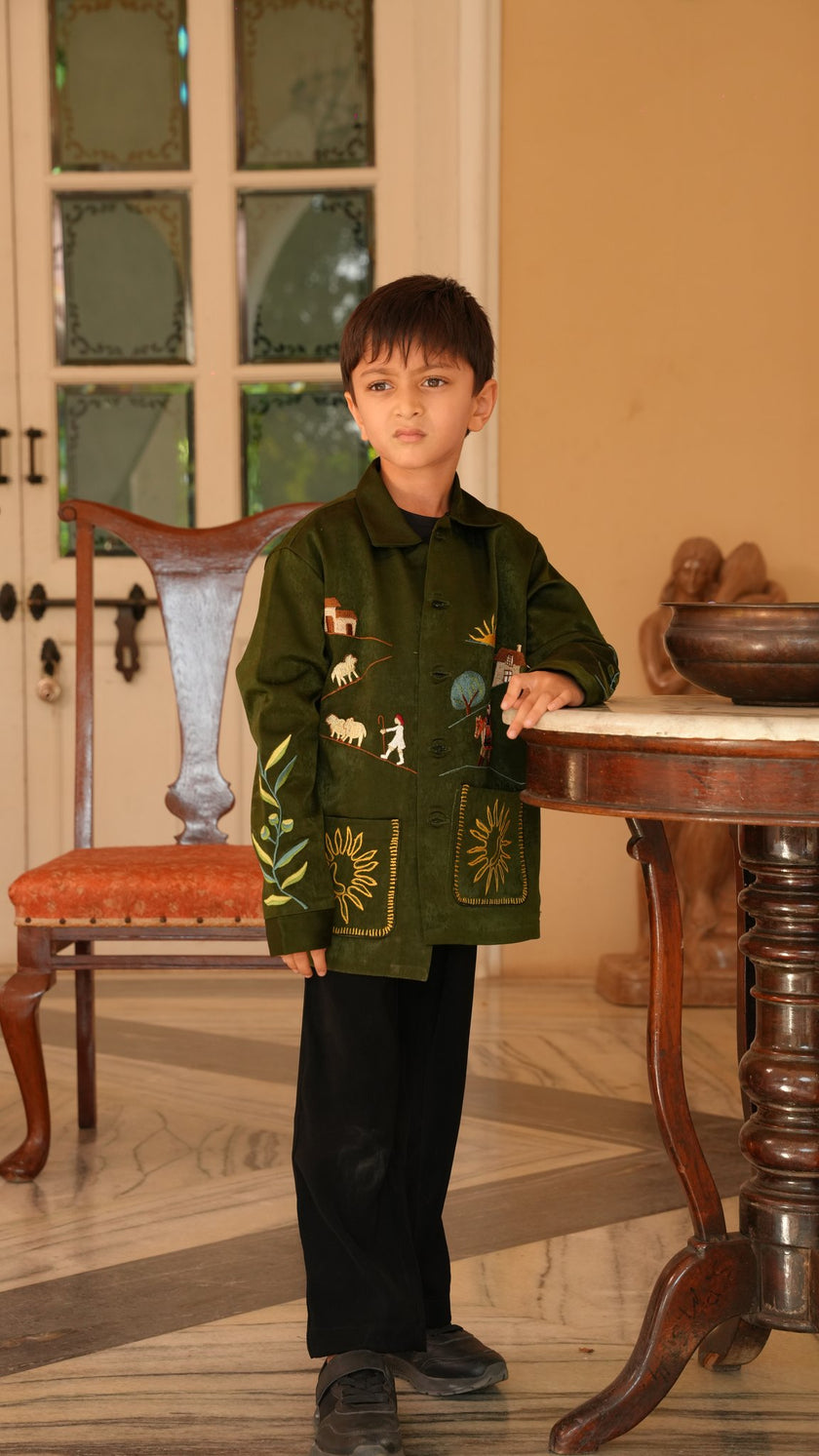 FunnyBones Farm & Paradise Appliqué Jacket – olive suede-look jacket with farm scene applique, view 3
