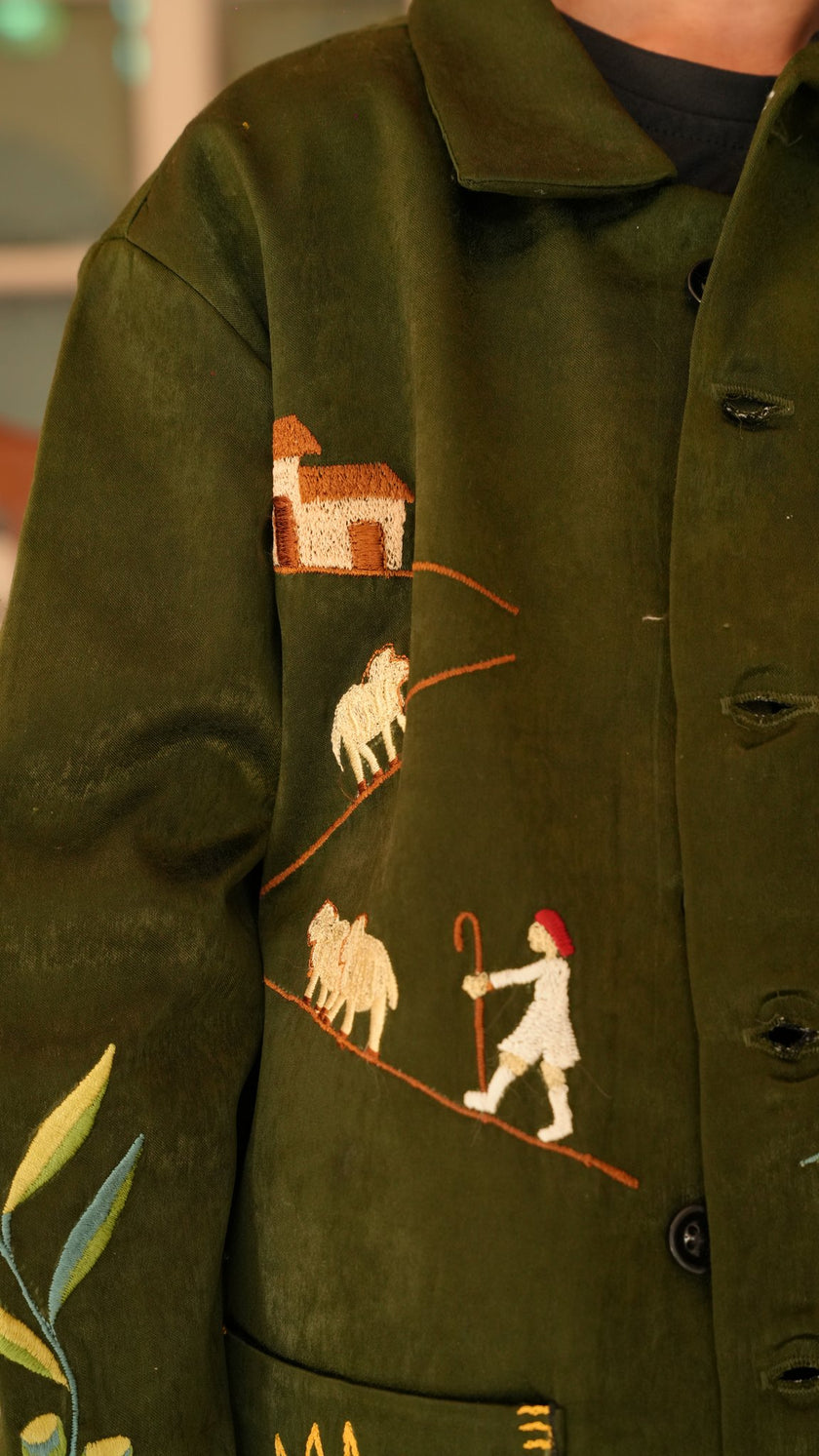 FunnyBones Farm & Paradise Appliqué Jacket – olive suede-look jacket with farm scene applique, view 4