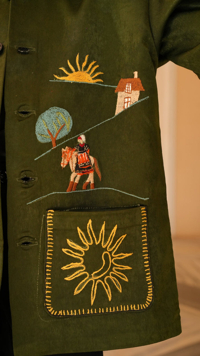 FunnyBones Farm & Paradise Appliqué Jacket – olive suede-look jacket with farm scene applique, view 6