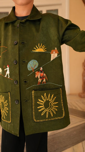 FunnyBones Farm & Paradise Appliqué Jacket – olive suede-look jacket with farm scene applique, view 7