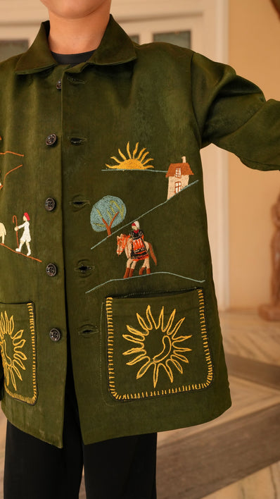 FunnyBones Farm & Paradise Appliqué Jacket – olive suede-look jacket with farm scene applique, view 7