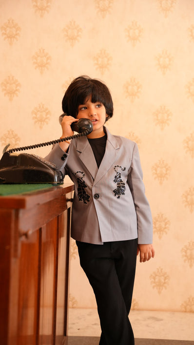 FunnyBones Grey Blazer with Tiger Embroidery – light grey blazer with black tiger embroidery, view 2
