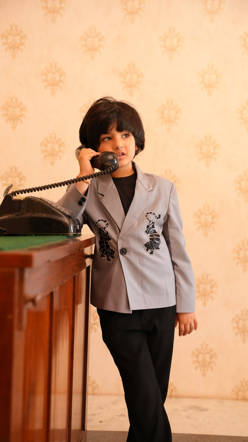 FunnyBones Grey Blazer with Tiger Embroidery – light grey blazer with black tiger embroidery, view 2