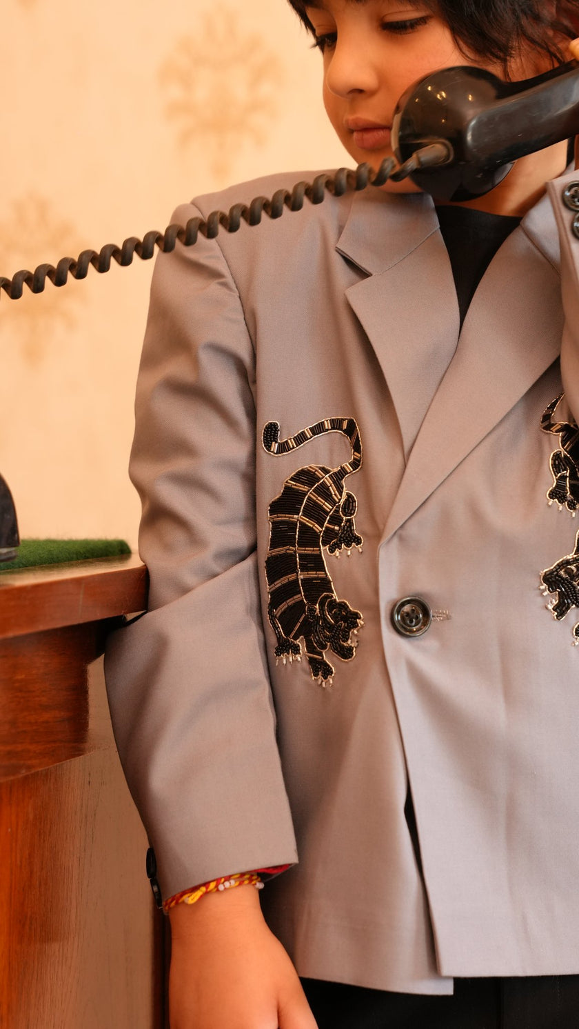 FunnyBones Grey Blazer with Tiger Embroidery – light grey blazer with black tiger embroidery, view 5