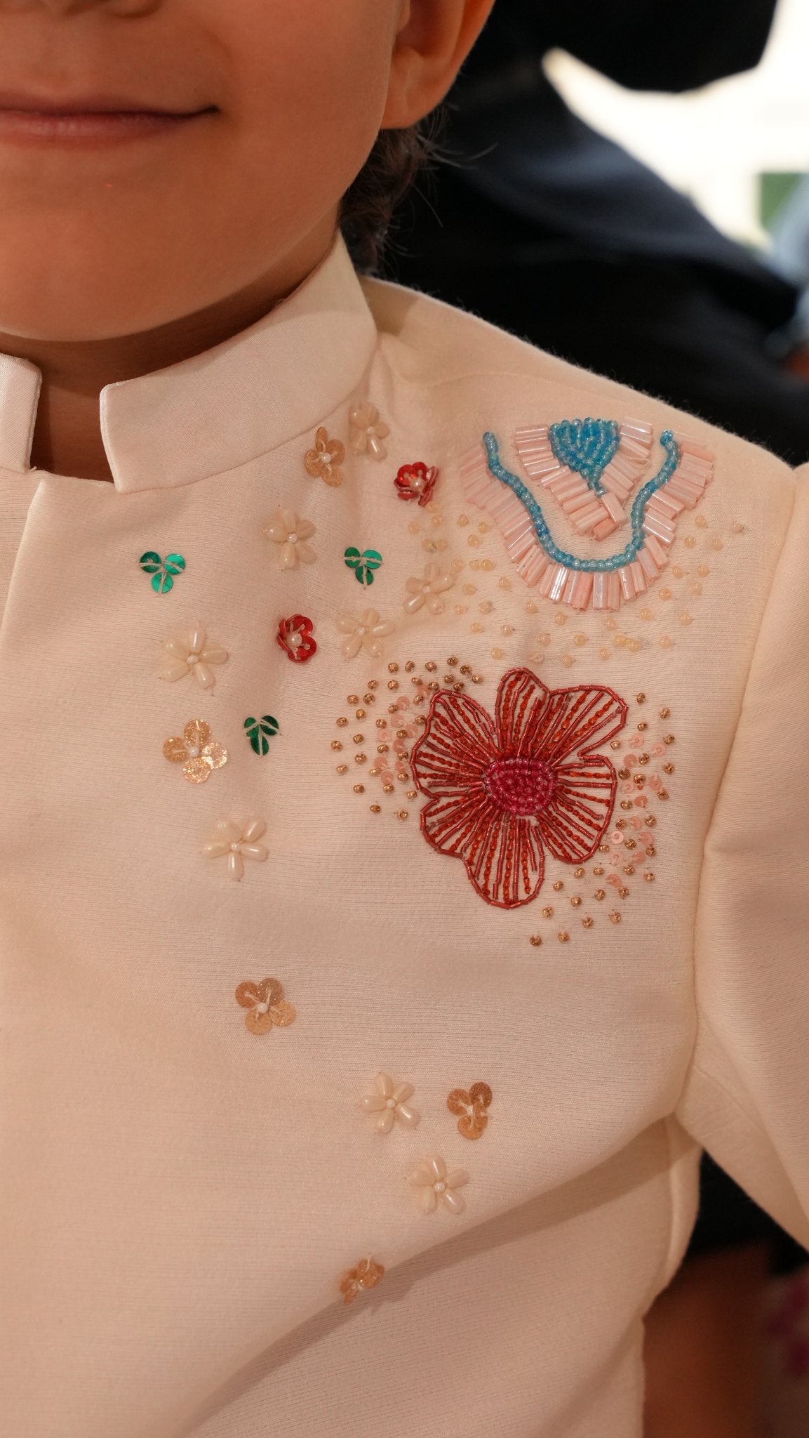 FunnyBones Ivory Floral Embroidered Achkan Set – ivory achkan with multicolour bead and sequin florals, view 3
