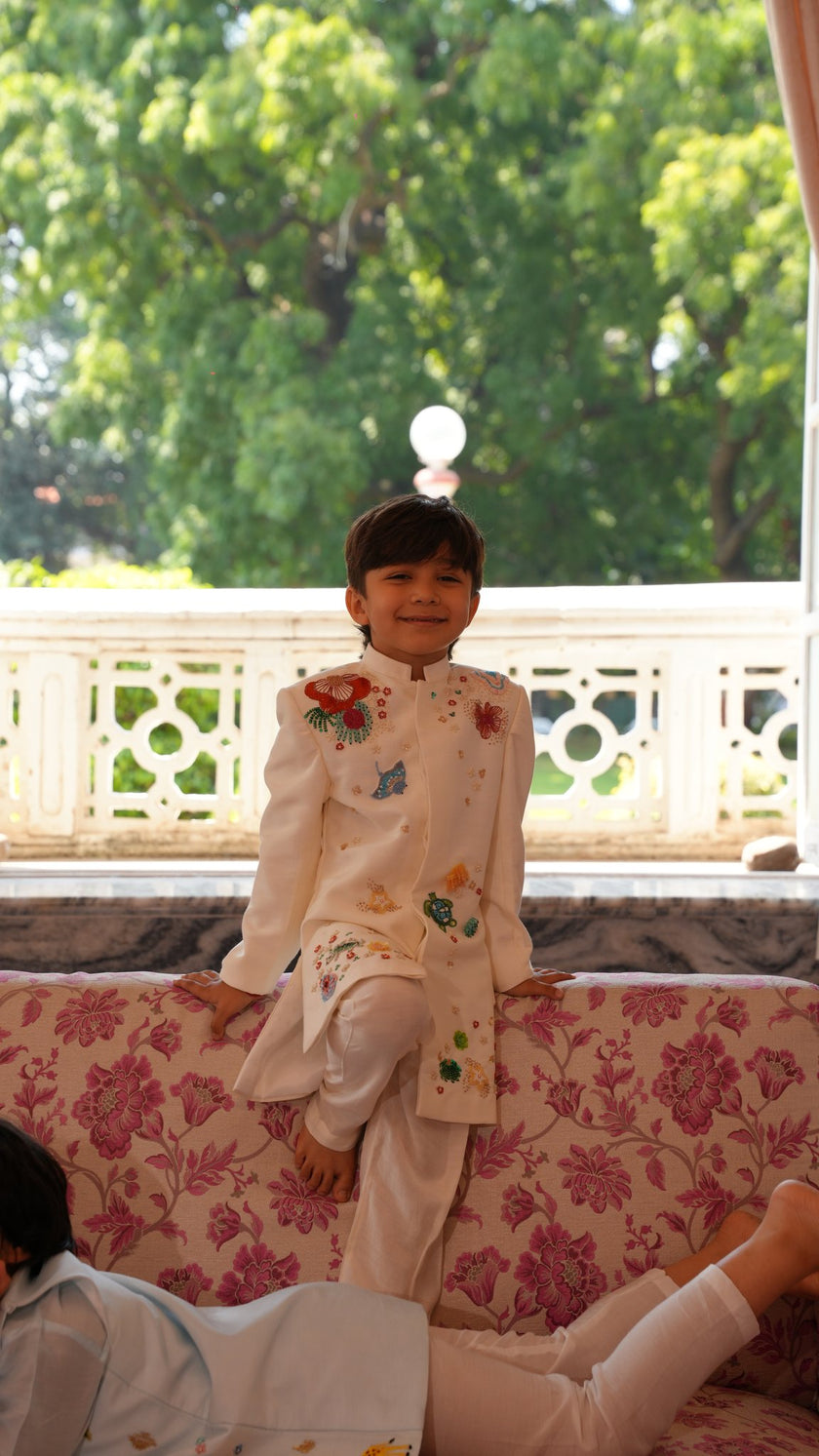 FunnyBones Ivory Floral Embroidered Achkan Set – ivory achkan with multicolour bead and sequin florals, view 6