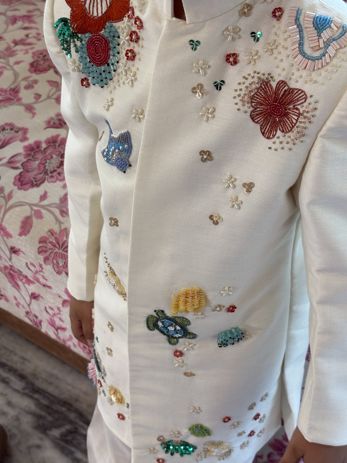 FunnyBones Ivory Floral Embroidered Achkan Set – ivory achkan with multicolour bead and sequin florals, view 9
