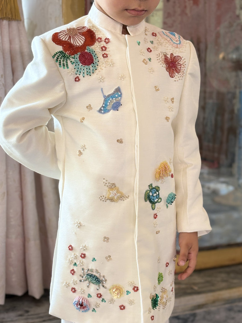 FunnyBones Ivory Floral Embroidered Achkan Set – ivory achkan with multicolour bead and sequin florals, view 11
