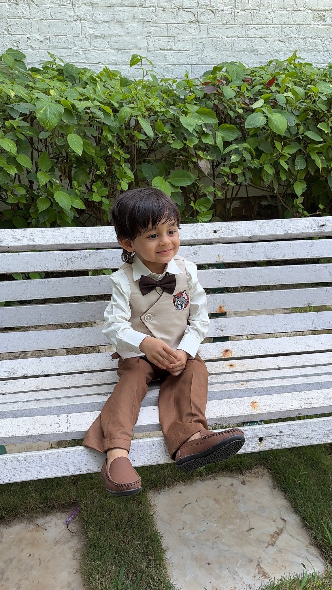 FunnyBones Ivory Wrap Waistcoat with Cartoon Appliqué – ivory wrap waistcoat with cartoon applique and brown pants, view 3