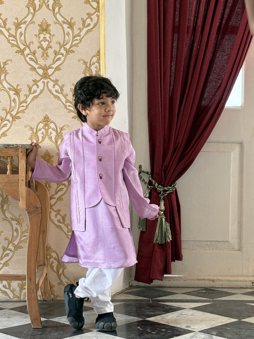 Boy wearing FunnyBones Lavender Nehru Jacket with Gold Trim – lavender tissue silk koti kurta set