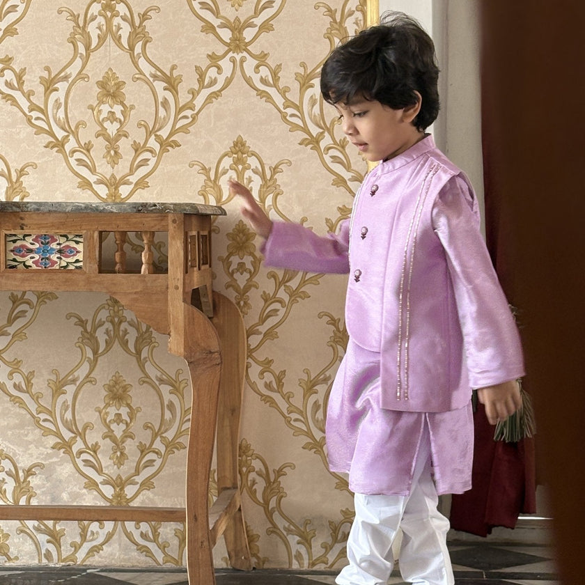 FunnyBones Lavender Nehru Jacket with Gold Trim – lavender tissue silk koti kurta set, view 2