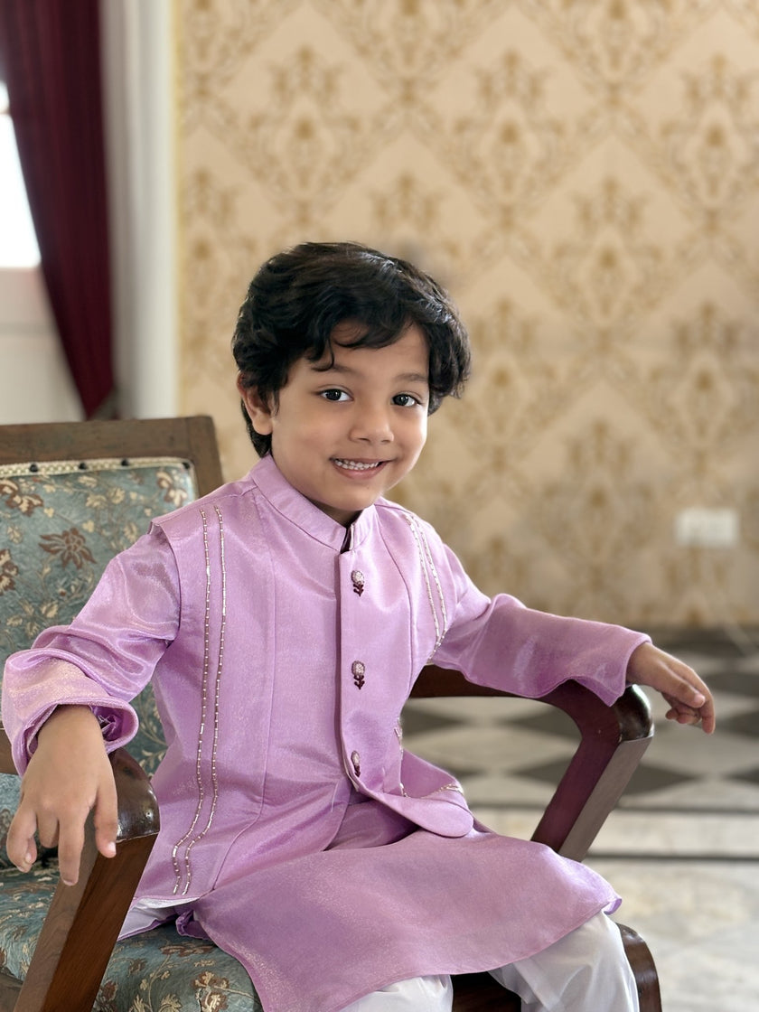 FunnyBones Lavender Nehru Jacket with Gold Trim – lavender tissue silk koti kurta set, view 3