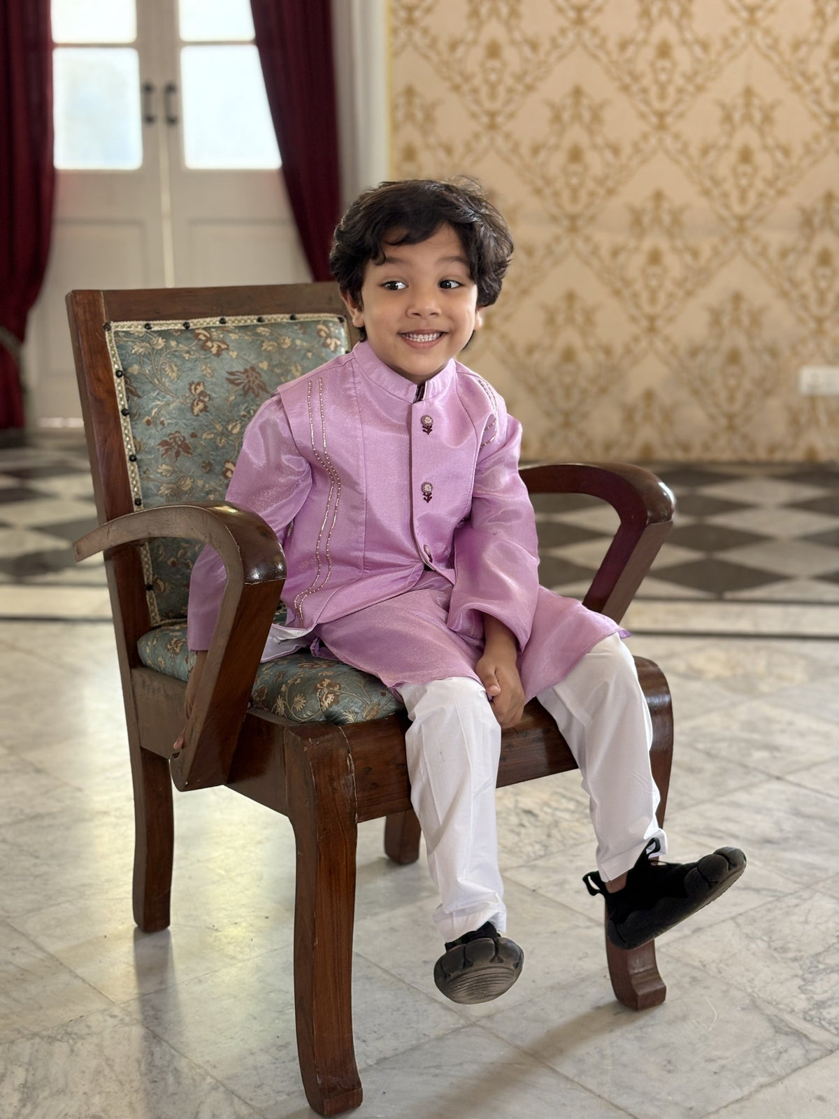 FunnyBones Lavender Nehru Jacket with Gold Trim – lavender tissue silk koti kurta set, view 4
