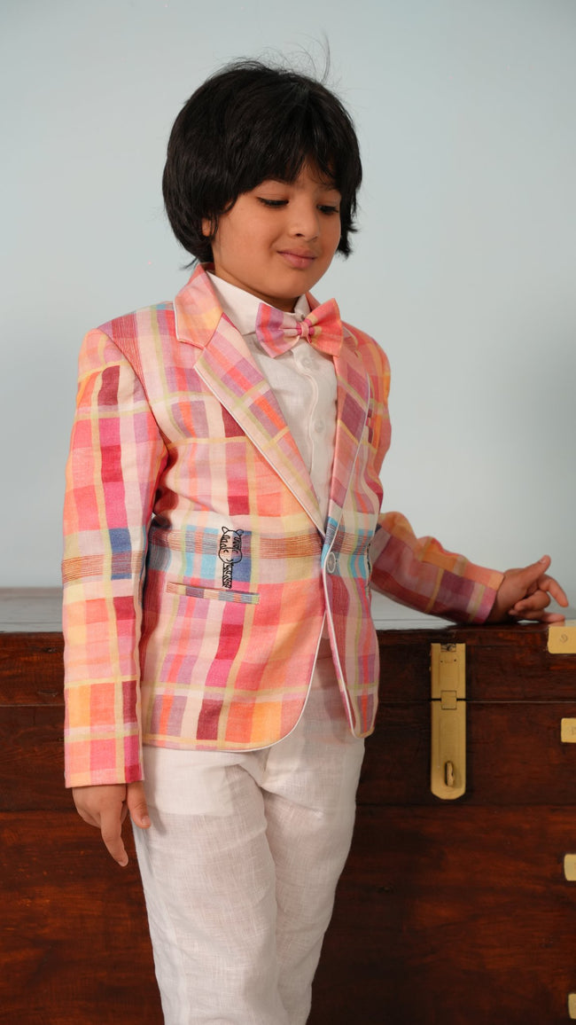 Boy wearing FunnyBones Madras Plaid Blazer – pastel madras check linen blazer with white shirt and pants