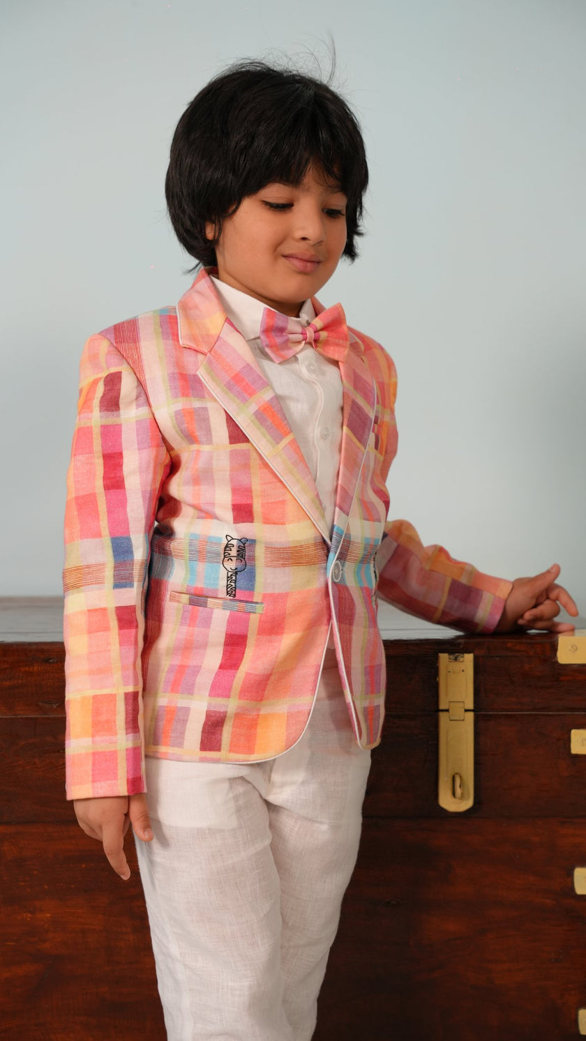 Boy wearing FunnyBones Madras Plaid Blazer – pastel madras check linen blazer with white shirt and pants