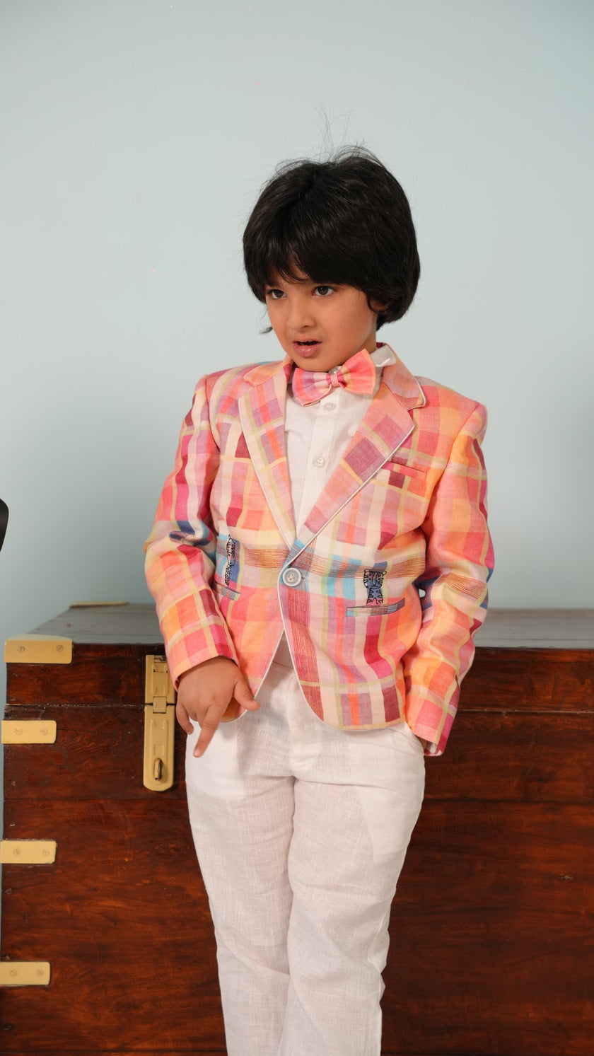 FunnyBones Madras Plaid Blazer – front view with linen shirt and pants