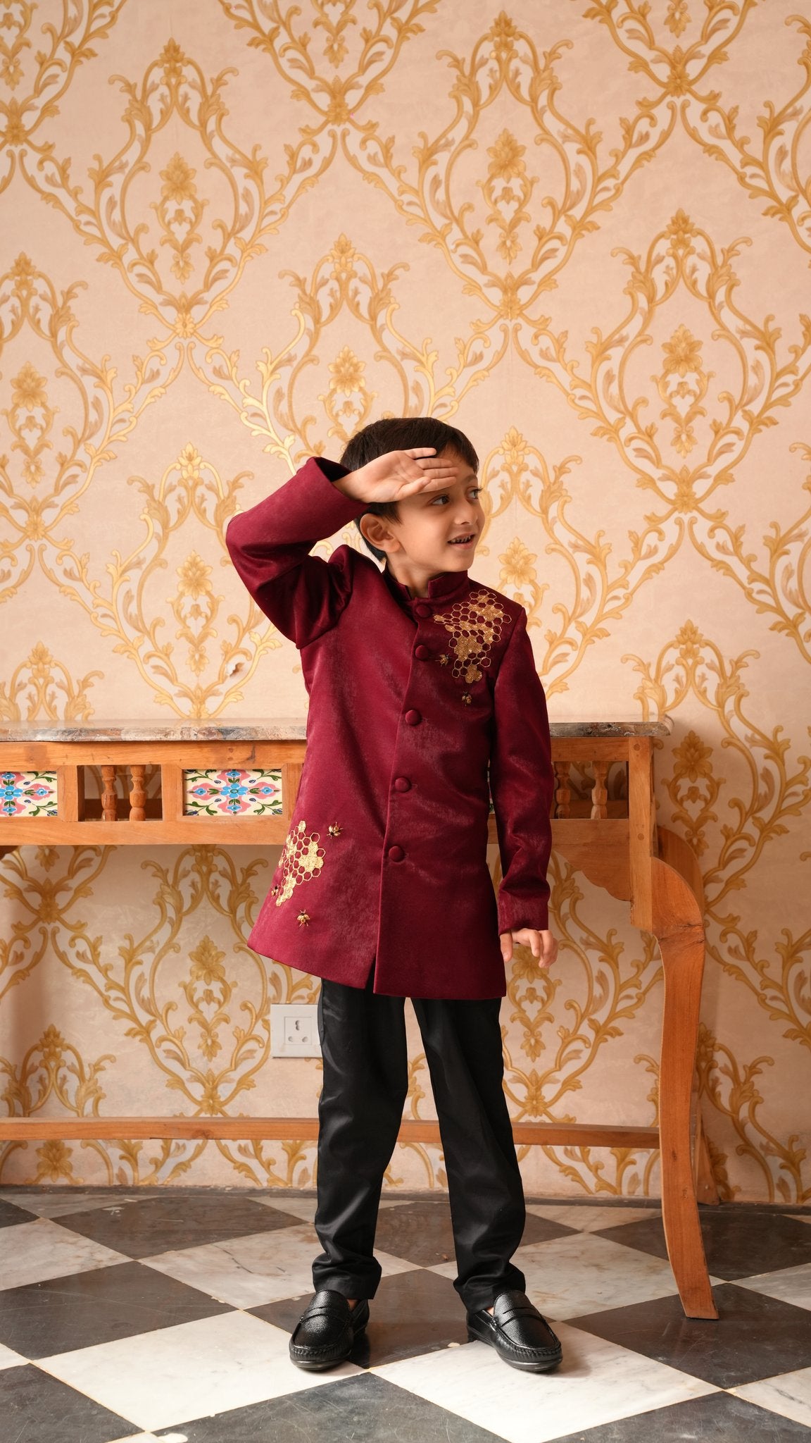 FunnyBones Maroon Achkan with Honeycomb Embroidery – maroon achkan with gold zari honeycomb and bees, view 2