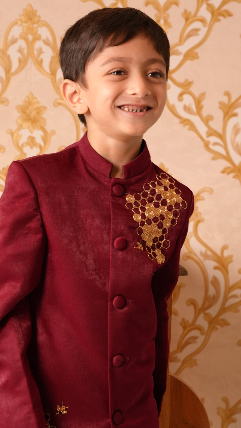 FunnyBones Maroon Achkan with Honeycomb Embroidery – maroon achkan with gold zari honeycomb and bees, view 4