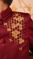 FunnyBones Maroon Achkan with Honeycomb Embroidery – maroon achkan with gold zari honeycomb and bees, view 6