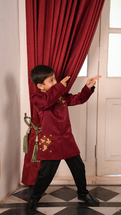 FunnyBones Maroon Achkan with Honeycomb Embroidery – maroon achkan with gold zari honeycomb and bees, view 10