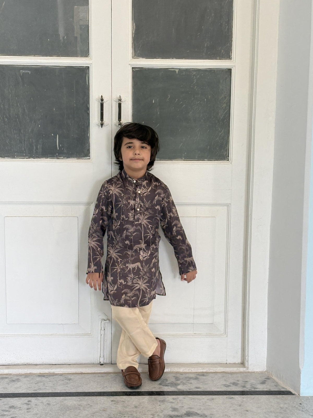 FunnyBones Midnight Palm & Leopard Nehru Jacket – midnight palm and leopard print koti set, view 2